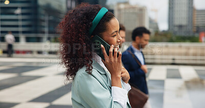 Buy stock photo City, commute and phone call with business woman walking to work location for start of job. Communication, smile and travel with group of employee people outdoor in urban town for opportunity