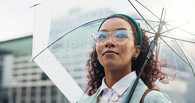 Buy stock photo Thinking, umbrella and business woman in city for travel, morning commute and trip to work. Professional, inspiration and person with protection for rain and idea for career, job and ambition in town