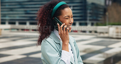 Buy stock photo City, commute and phone call with business woman outdoor for travel to job or work location. Communication, smile and walking with happy employee person in urban town for conversation or update