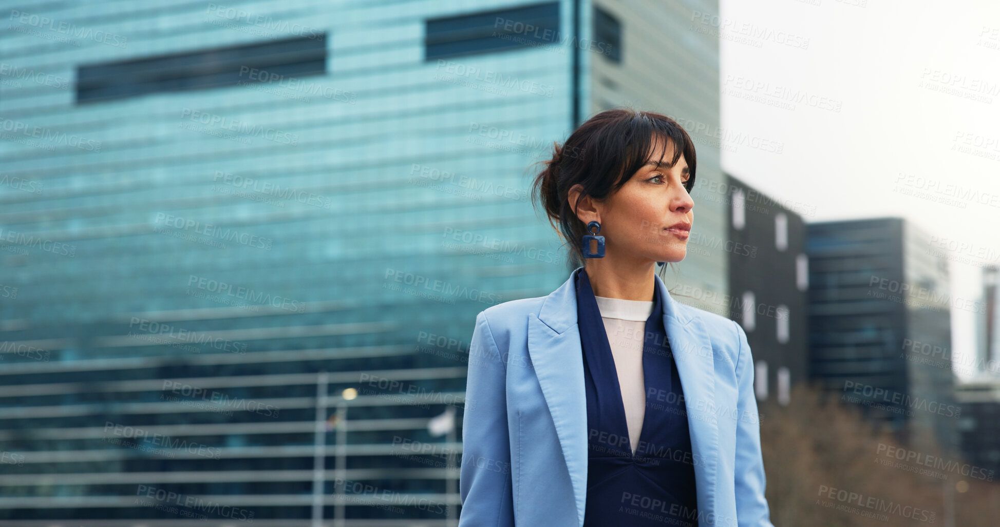 Buy stock photo Business woman, thinking and realtor with vision in city for corporate urban settlement or property. Thoughtful, female person or real estate agent with ambition in town for job or career development