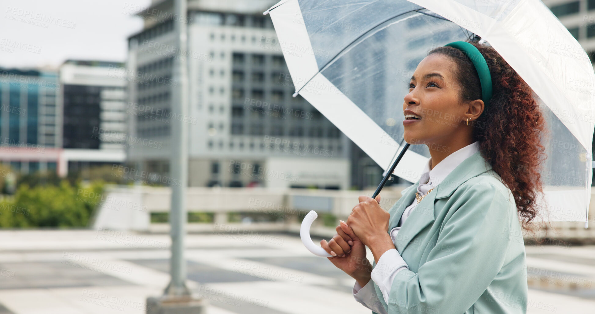 Buy stock photo Thinking, walking and business woman with umbrella for travel, morning commute and trip in city. Professional, outdoor and person with weather protection on journey for career, job and opportunity