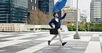 City, running and umbrella with business man outdoor for commute, property or real estate insurance. Briefcase, urgency and weather with developer downtown for architecture or building cover