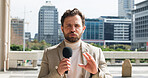 Man, anchor and portrait with microphone in city for breaking news or live broadcast. Male person, reporter or speech with mic for local story update, communication or journalism in an urban town
