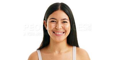 Buy stock photo Portrait, skincare and smile with woman in studio for beauty, self care and collagen benefits. Dermatology, glow and space with female person on white background for mockup, shine and pride