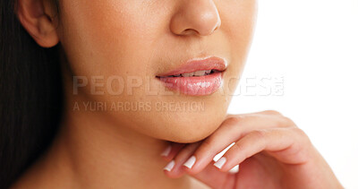 Buy stock photo Lip gloss, beauty and woman in studio, mouth and dermatology on white background. Makeup, cosmetics and person with shine, glow and aesthetic with grooming, smooth skin and texture with self care