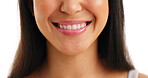 Dental, smile and teeth of woman in studio for hygiene, oral care or orthodontics results. Dentistry, fresh breath and mouth of happy model on white background for satisfaction or tooth whitening