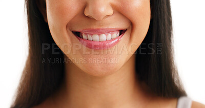 Buy stock photo Dental, smile and teeth of woman in studio for hygiene, oral care or orthodontics results. Dentistry, fresh breath and mouth of happy model on white background for satisfaction or tooth whitening