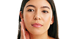 Hands, skincare and beauty with woman in studio for facial touch, self care and collagen benefits. Dermatology, glow and space with female person on white background for mockup, shine and pride