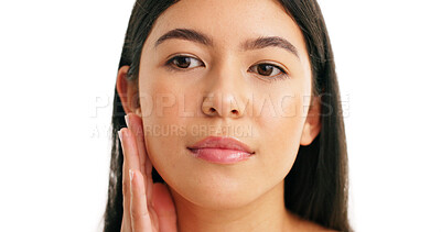 Buy stock photo Hand, skincare and beauty with woman in studio for facial touch, self care and collagen benefits. Dermatology, glow and space with female person on white background for mockup, shine and pride