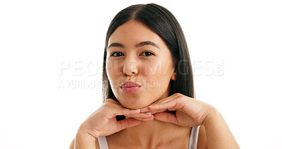 Buy stock photo Portrait, skincare and pout with woman in studio for beauty, self care and collagen benefits. Dermatology, glow and space with female person on white background for mockup, shine and facial pride