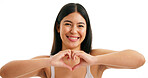 Beauty, heart hands and portrait of woman in studio for cosmetics, dermatology or wellness. Aesthetic, love and smile of happy model isolated on white background for emoji gesture or skincare