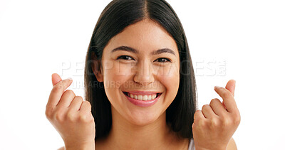 Buy stock photo Finger hearts, portrait and skincare with woman in studio for cosmetics, dermatology or wellness. Aesthetic, beauty and smile of happy model isolated on white background for emoji gesture of love