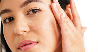 Buy stock photo Portrait, skincare and hand with woman in studio for beauty, self care and collagen benefits. Dermatology, glow and face with female person on white background for touch, shine and facial pride