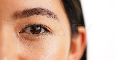 Buy stock photo Eye, pupil and vision with woman in studio for health, sight or wellness closeup at optometrist. Cornea, eyesight and senses of model isolated on white background for ophthalmology or perception