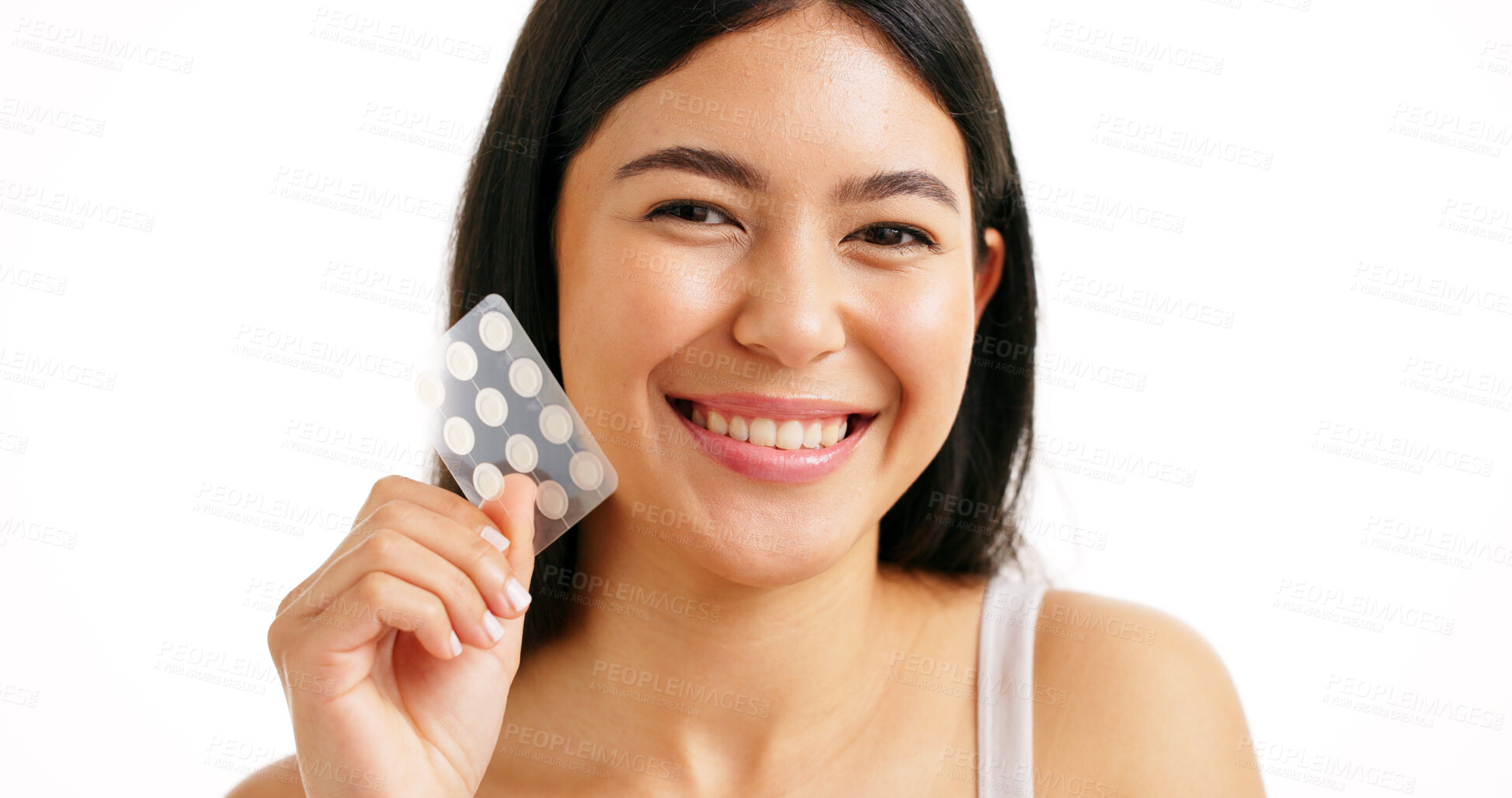 Buy stock photo Acne patch, portrait and skincare with woman in studio for spot treatment, beauty and blemish cosmetics. Pore detox, breakout healing and dermatology with person on white background for glow