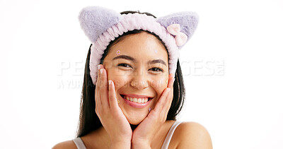 Buy stock photo Portrait, headband and woman in studio, makeup and dermatology on white background. Mockup space, shine and happy person with glow, grooming and aesthetic with pride, healthy skin and cosmetics