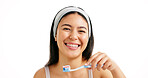 Dental portrait, girl and toothbrush in studio for oral hygiene, mouth cleaning or fresh breath. Mockup space, person or happy with toothpaste on white background for brushing teeth or plaque removal