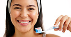 Happy woman, portrait and dental hygiene with toothbrush in studio on a white background. Face, female person or model with smile or toothpaste for teeth cleaning, mouth or oral and gum care on space