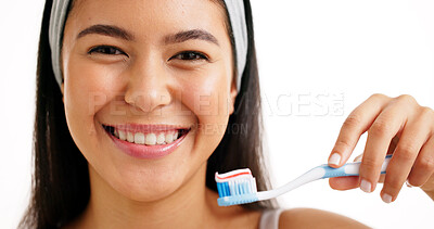 Buy stock photo Happy woman, portrait and dental hygiene with toothbrush in studio on a white background. Face, female person or model with smile or toothpaste for teeth cleaning, mouth or oral and gum care on space