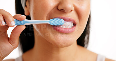 Buy stock photo Woman, mouth or brushing teeth with toothbrush in studio for dental hygiene on a white background. Closeup, female person or model cleaning with toothpaste for healthy gums, fresh breath or oral care