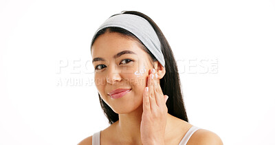 Buy stock photo Skincare, happy and portrait of a woman with spf for skin glow, protection or touch. Space, sunscreen and natural beauty of person with facial care, lotion or dermatology on white studio background