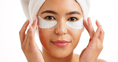 Buy stock photo Woman, portrait and skincare with eye patches in studio for collagen on a white background. Face, female person or model with hydrogel mask or facial detox for anti aging, vitamin C or hydration