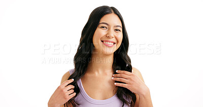 Buy stock photo Portrait, hair care and woman in studio, beauty and confidence on white background. Space, texture and person with happiness, shine and glow with keratin treatment, grooming and pride with smile