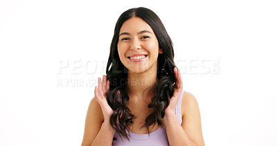 Buy stock photo Portrait, hair care and woman in studio, smile and confidence on white background. Space, beauty and person with happiness, shine and glow with keratin treatment, grooming and pride with texture