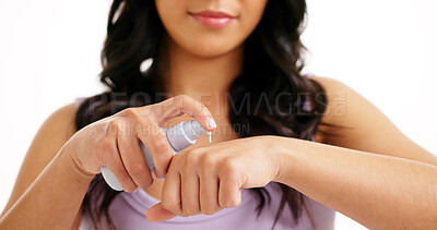 Buy stock photo Hands, cream and woman in studio, skincare and dermatology on white background. Creme, cosmetics and person with wellness, healthy skin and anti aging with shine, moisturizer and lotion with beauty