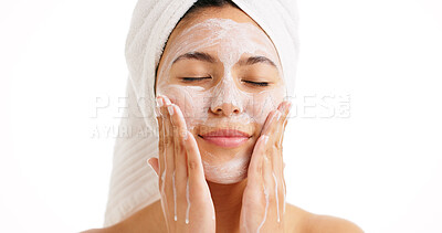 Buy stock photo Skincare, hands and soap of woman with face wash for clean skin, cleanser or soft touch. Space, towel and natural beauty of person with facial care, foam or dermatology on white studio background