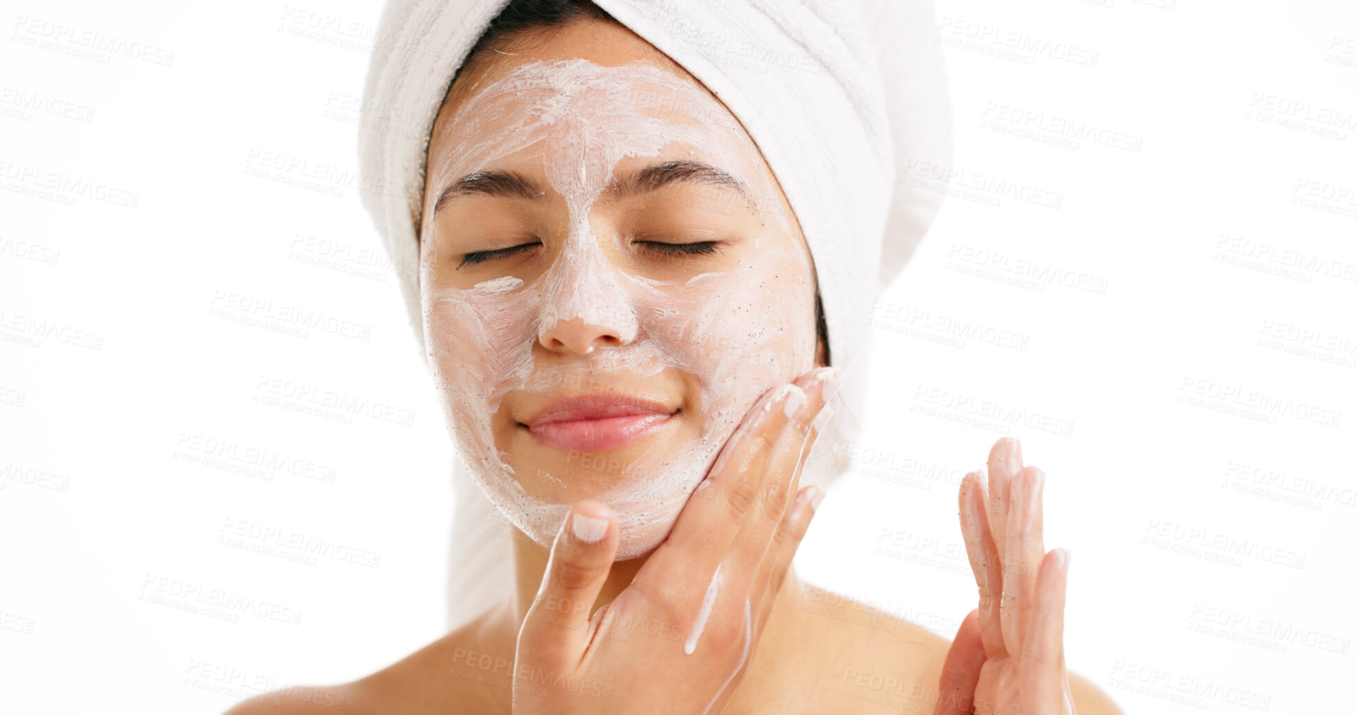 Buy stock photo Soap, hygiene and skincare of woman with face wash for clean skin, cleanser or soft touch. Space, towel and natural beauty of person with facial care, foam or dermatology on white studio background