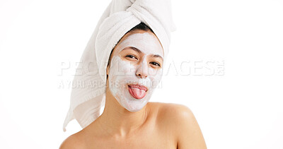 Buy stock photo Facial, portrait and skincare with woman in studio for beauty treatment, tongue out and clay mask. Detox cosmetics, spa glow and dermatology with female person on white background for self care