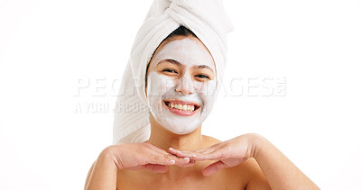 Buy stock photo Happy woman, portrait or skincare with face mask in studio for spa detox on a white background. Female person, model or smile with facial cosmetics or product for exfoliation, hygiene or mockup space
