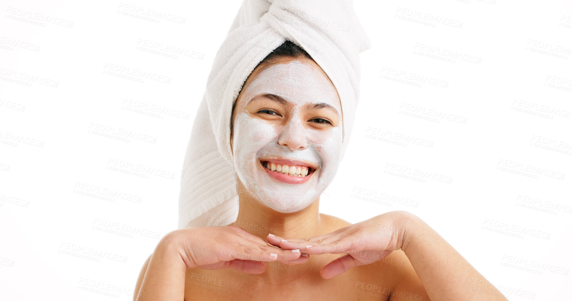 Buy stock photo Happy woman, portrait or skincare with face mask in studio for spa detox on a white background. Female person, model or smile with facial cosmetics or product for exfoliation, hygiene or mockup space