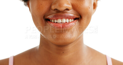 Buy stock photo Dental health, smile and woman in studio, mouth and grooming on white background. Closeup, space and happy person with oral care, hygiene and wellness with confidence, pride and teeth whitening