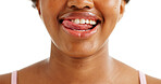 Lick, dental care and black woman with a smile in studio for oral hygiene, wellness and plaque. Cleaning, closeup and female person with healthy teeth, grooming and happy on white background