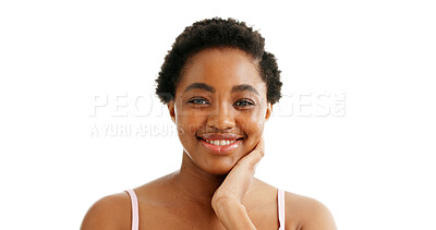Buy stock photo Portrait, skincare and black woman in studio with smile, confidence and beauty with mockup. Happy, African person and dermatology on white background space with natural cosmetics, glow and self care.