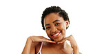 Portrait, skincare and black woman with beauty in studio, glow and self care on white background. Face, smile and African model with cosmetics, natural dermatology and healthy skin with space