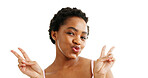 Portrait, skincare and black woman in studio with peace sign, confidence and beauty with mockup. Happy, African person and dermatology on white background space with hand gesture, glow and self care.