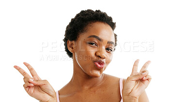 Buy stock photo Portrait, skincare and black woman in studio with peace sign, confidence and beauty with mockup. Happy, person and natural dermatology on white background space with hand gesture, glow and self care.