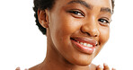 Portrait, skincare and happy black woman with beauty in studio, glow and self care. Face, smile and African model with cosmetics, natural dermatology and healthy skin texture on white background
