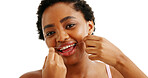 Flossing, dental care and black woman with a smile in studio for oral hygiene, wellness and plaque. Cleaning, portrait and female person with healthy teeth, grooming and happy on white background