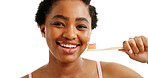 Brushing teeth, dental care and black woman with smile in studio for oral hygiene, wellness and plaque. Cleaning, portrait and person with tooth whitening, toothpaste and happy on white background