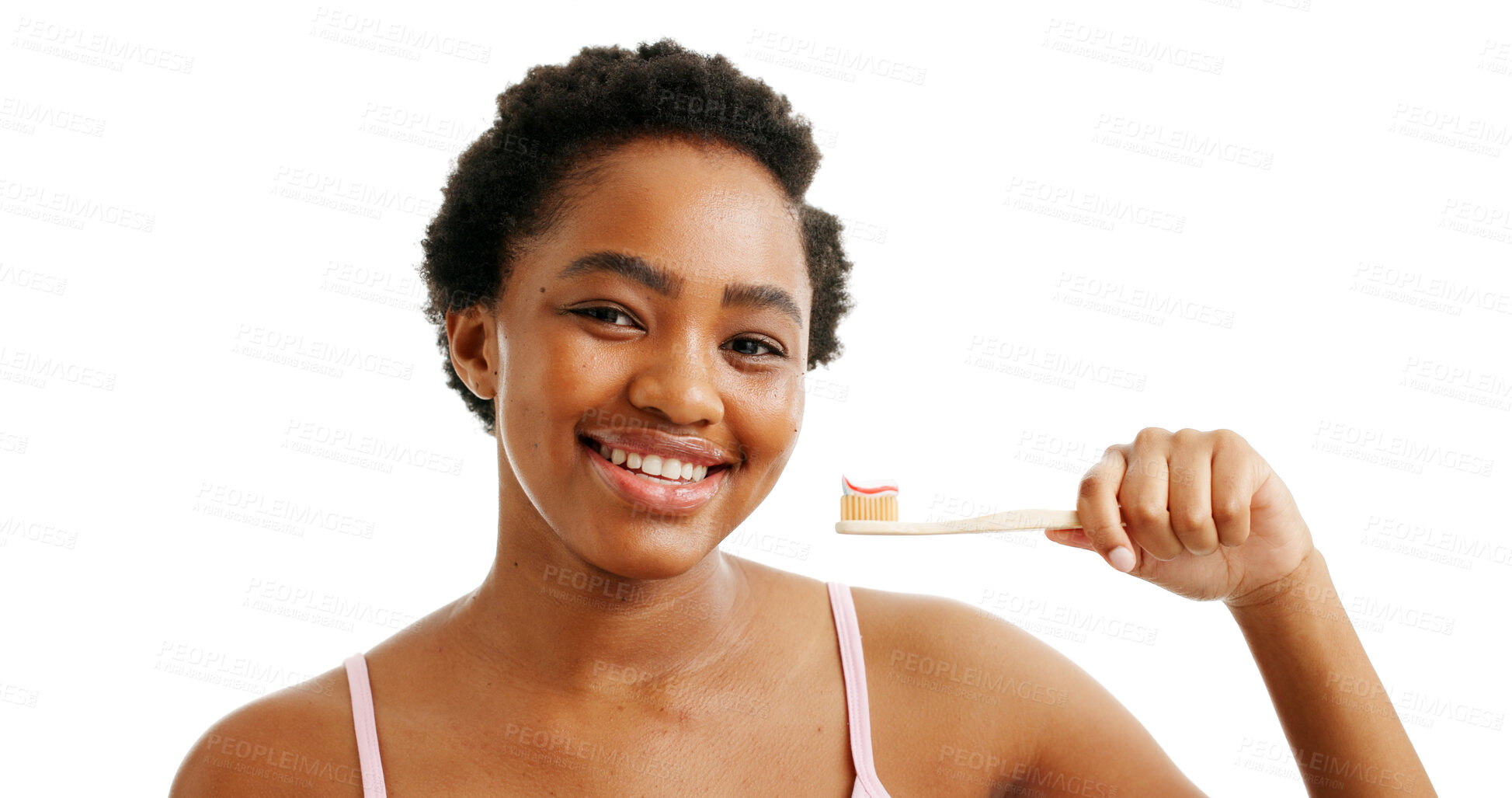 Buy stock photo Brushing teeth, dental care and black woman for portrait in studio for oral hygiene, wellness and plaque. Cleaning, smile and person with tooth whitening, toothpaste and happy on white background