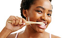 Brushing teeth, dental care and portrait of woman in studio for oral hygiene, wellness and plaque. Cleaning, smile and person with tooth whitening, bamboo toothbrush and happy on white background