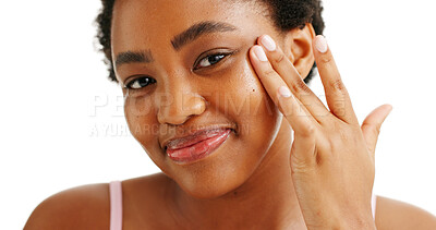 Buy stock photo Portrait, smile or black woman in studio for skincare, beauty or treatment application. Happy, person or dermatology oil on white background with self care, healthy skin or hydration for natural glow