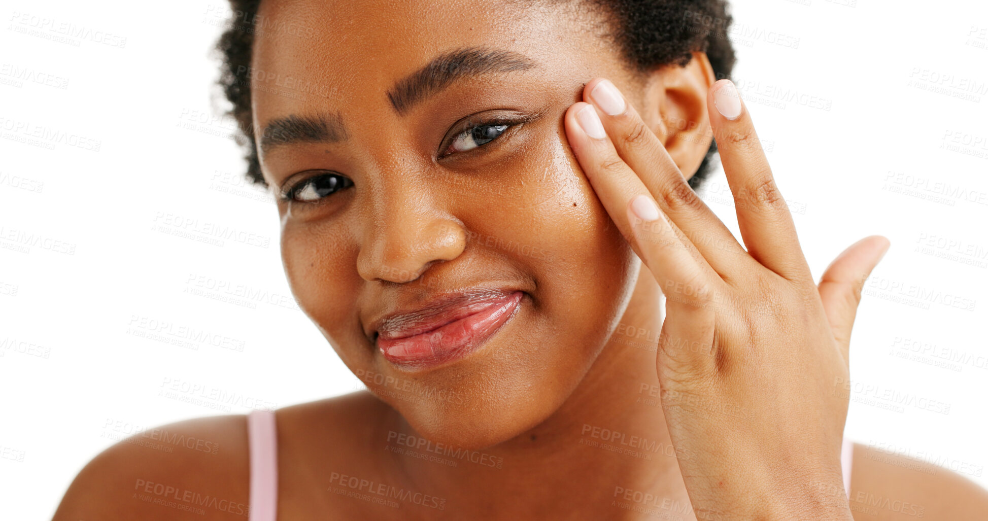 Buy stock photo Portrait, smile or black woman in studio for skincare, beauty or treatment application. Happy, person or dermatology oil on white background with self care, healthy skin or hydration for natural glow