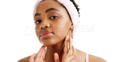 Buy stock photo Portrait, acne patch or black woman in studio with mockup, beauty or treatment for skincare. Person, headband or dermatology on white background with space, healing skin or reduce inflammation.
 