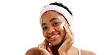 Cream, beauty and portrait of black woman in studio for skincare, collagen benefits and facial cosmetics. Self care, vitamn c lotion and dermatology with person on white background for mockup space