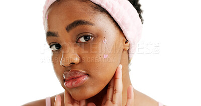 Buy stock photo Portrait, acne patch or black woman in studio with mockup, beauty or treatment for skincare. Headband, person or dermatology on white background with space, healing skin or reduce inflammation.